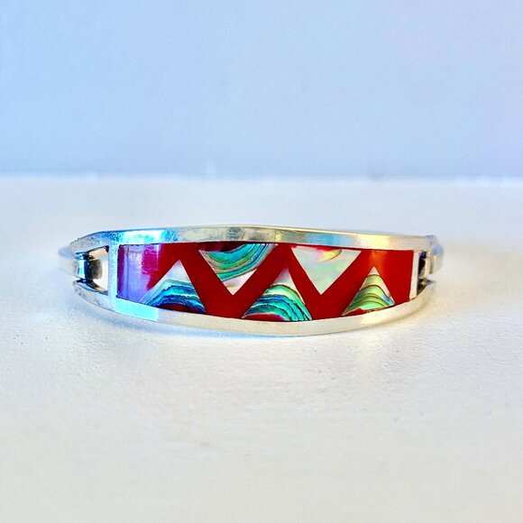 Silver Alpaca Abalone Enamel Mexican Bracelet - Picture 1 of 7
